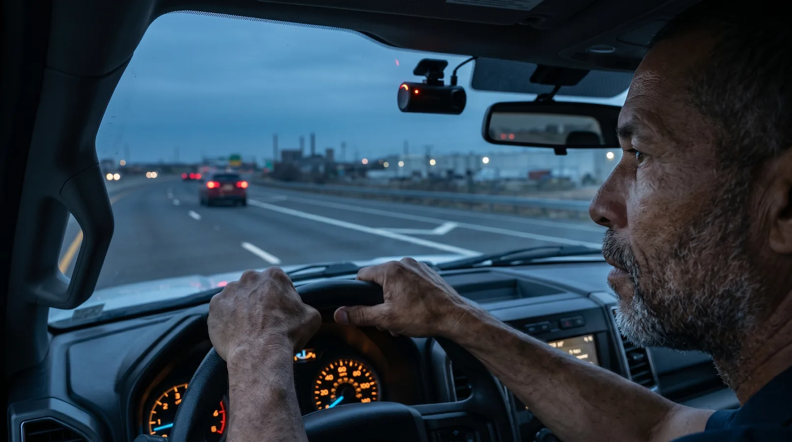 Fleet truck driver at dusk with eyes returning to the road, the small in-cab AI dash camera glowing red-amber above the windshield