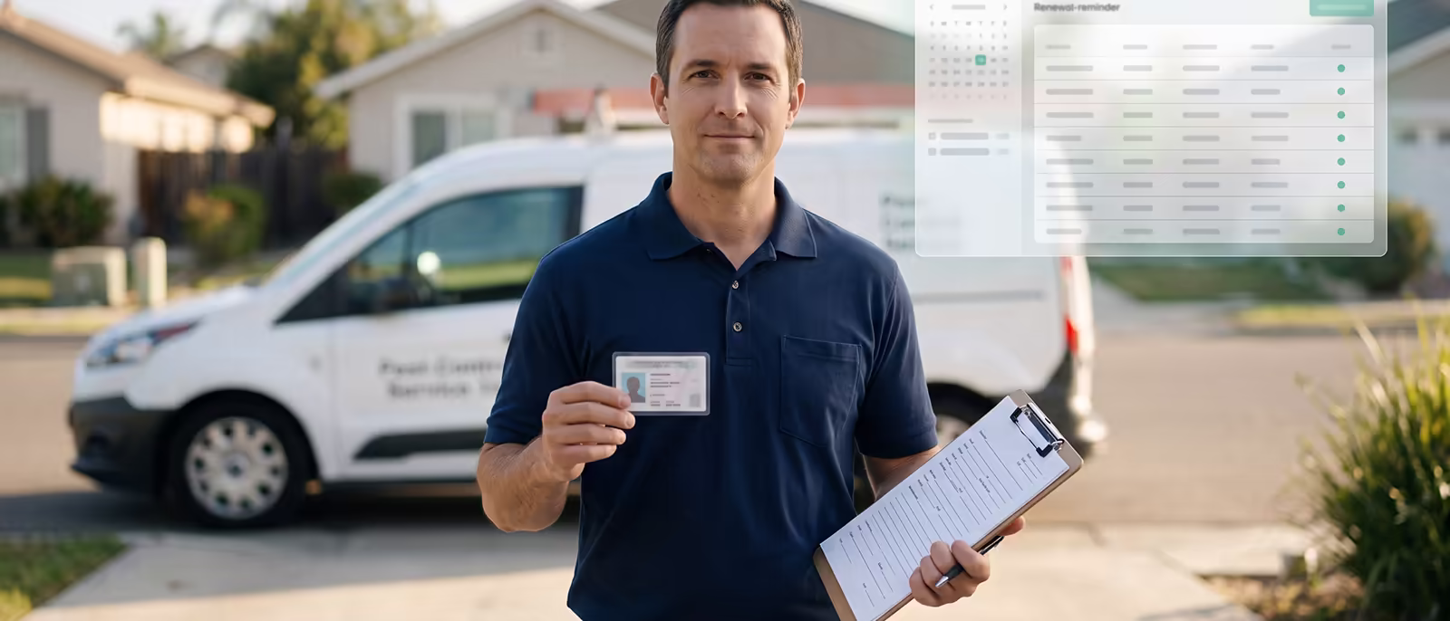 A pest control technician holds a laminated applicator license beside a clipboard with a renewal form, a marked service van parked in a sunlit driveway behind them.