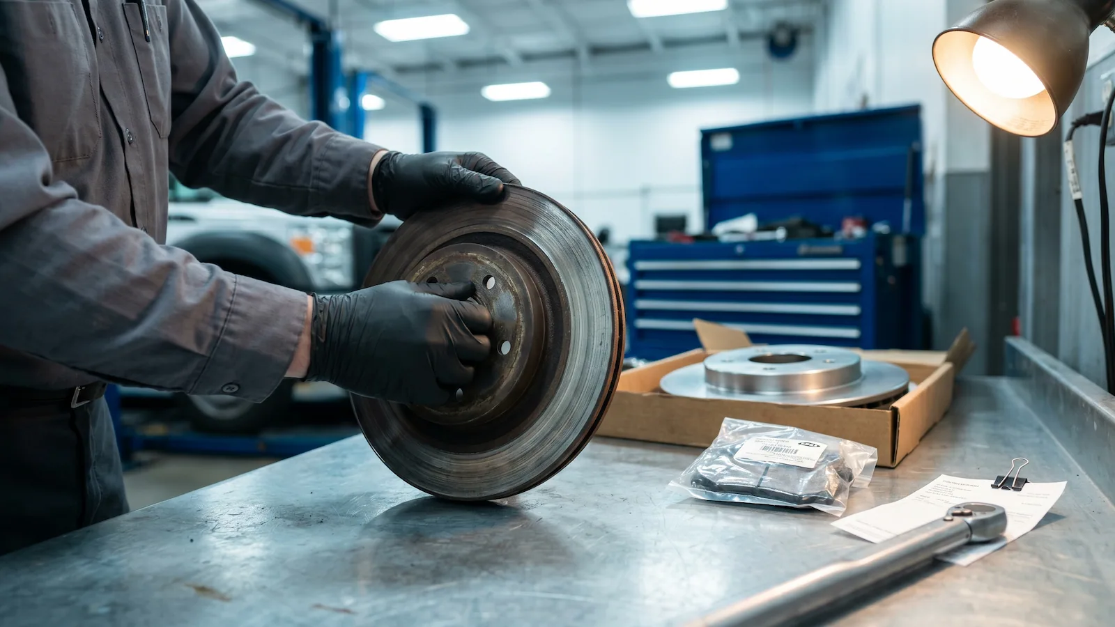 A shop technician's gloved hands examining a worn brake rotor under bright bay lights, fresh replacement parts staged nearby on a clean shop bench