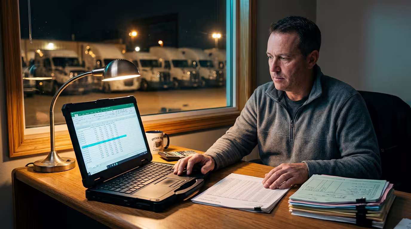 A fleet manager at a shop office desk after dark, a fuel-card statement and a stack of closed work orders beside a laptop showing a cost-per-mile spreadsheet, a row of parked tractors visible through the window in the lit yard behind.