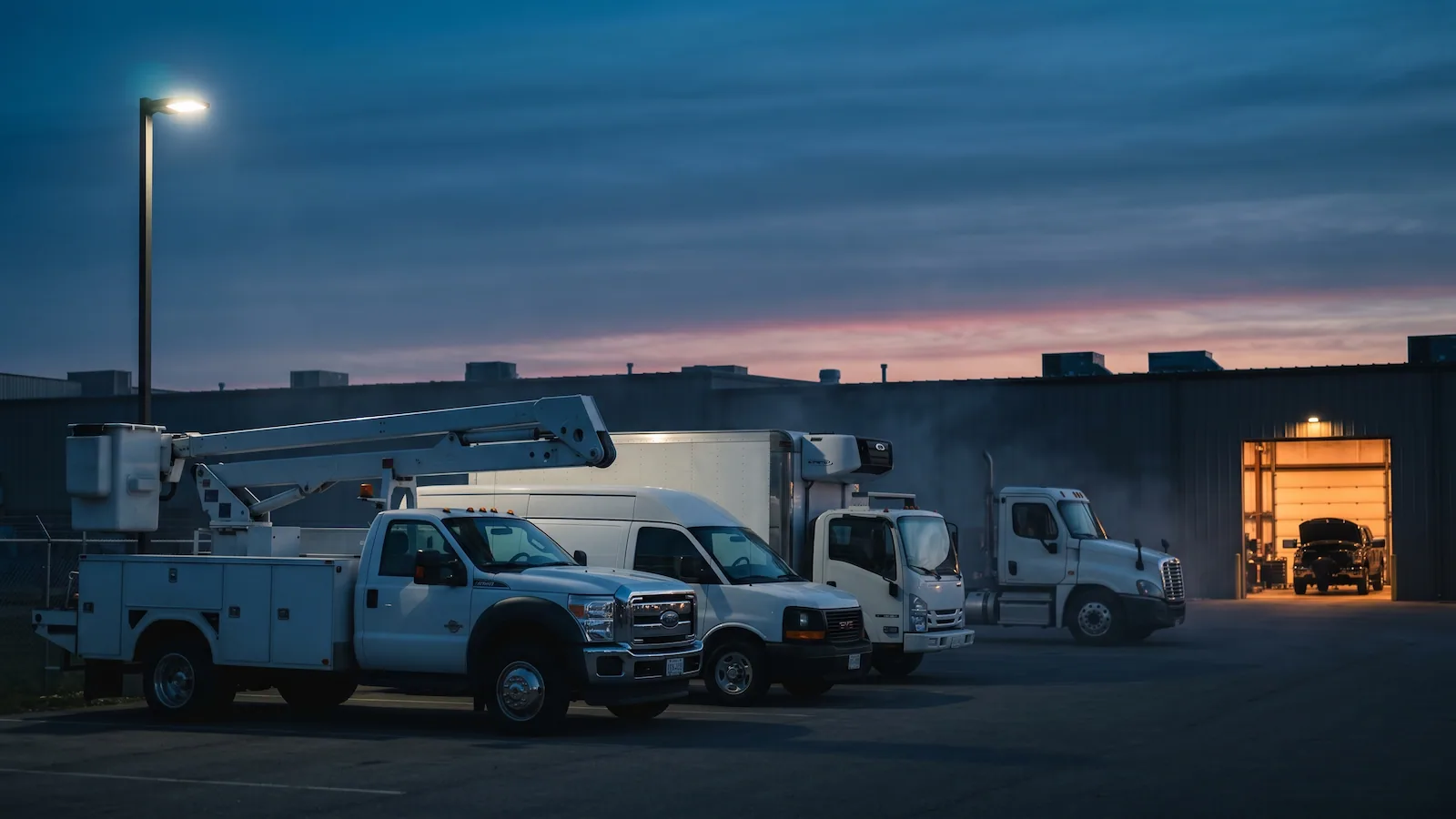 A line of mixed commercial fleet vehicles staged in a yard at dusk, one bay light glowing warm to suggest the contrast between idle and active assets