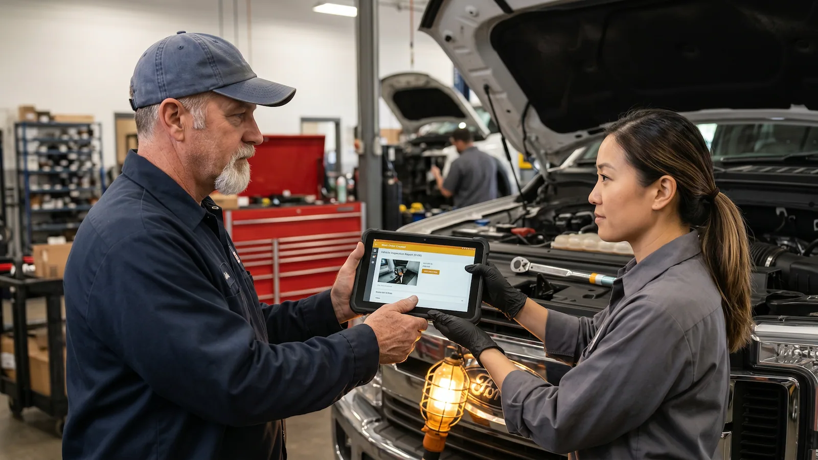 A fleet driver hands off a tablet showing a completed DVIR to a shop technician in a brightly lit service bay, the defect already routed as a work order
