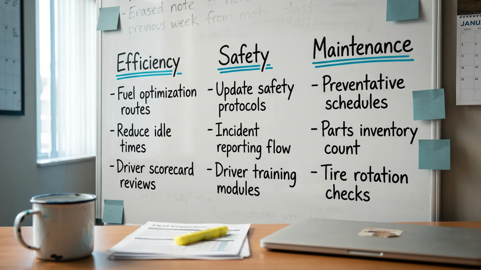 Fleet manager's office whiteboard in soft morning light, three handwritten priority columns visible alongside a coffee mug and laptop