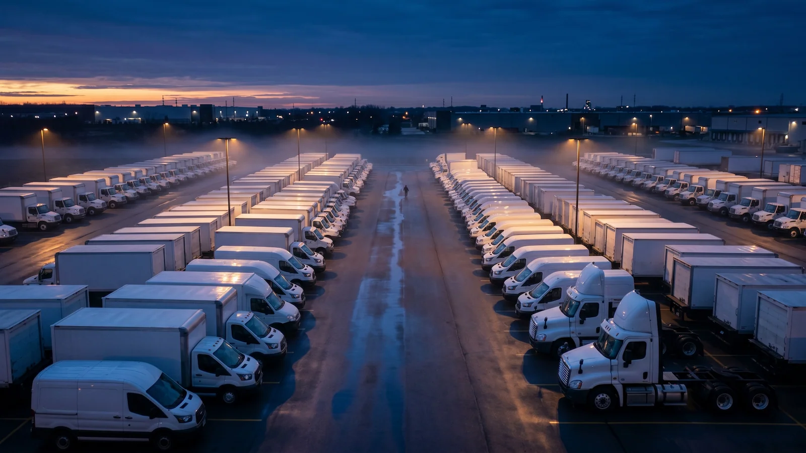 Elevated twilight view of a quiet commercial fleet yard with staged trucks fanning out, faint atmospheric haze and a wide horizon suggesting the shifts ahead