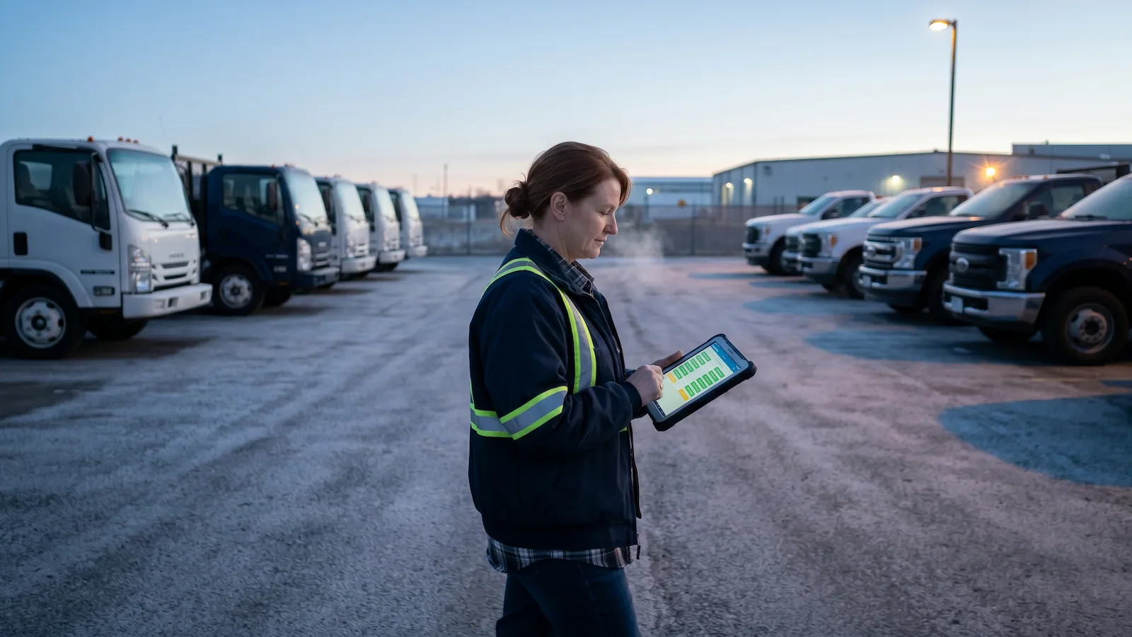 Fleet operations manager at dawn walking a yard of staged work trucks, tablet in hand reviewing a daily PM compliance dashboard
