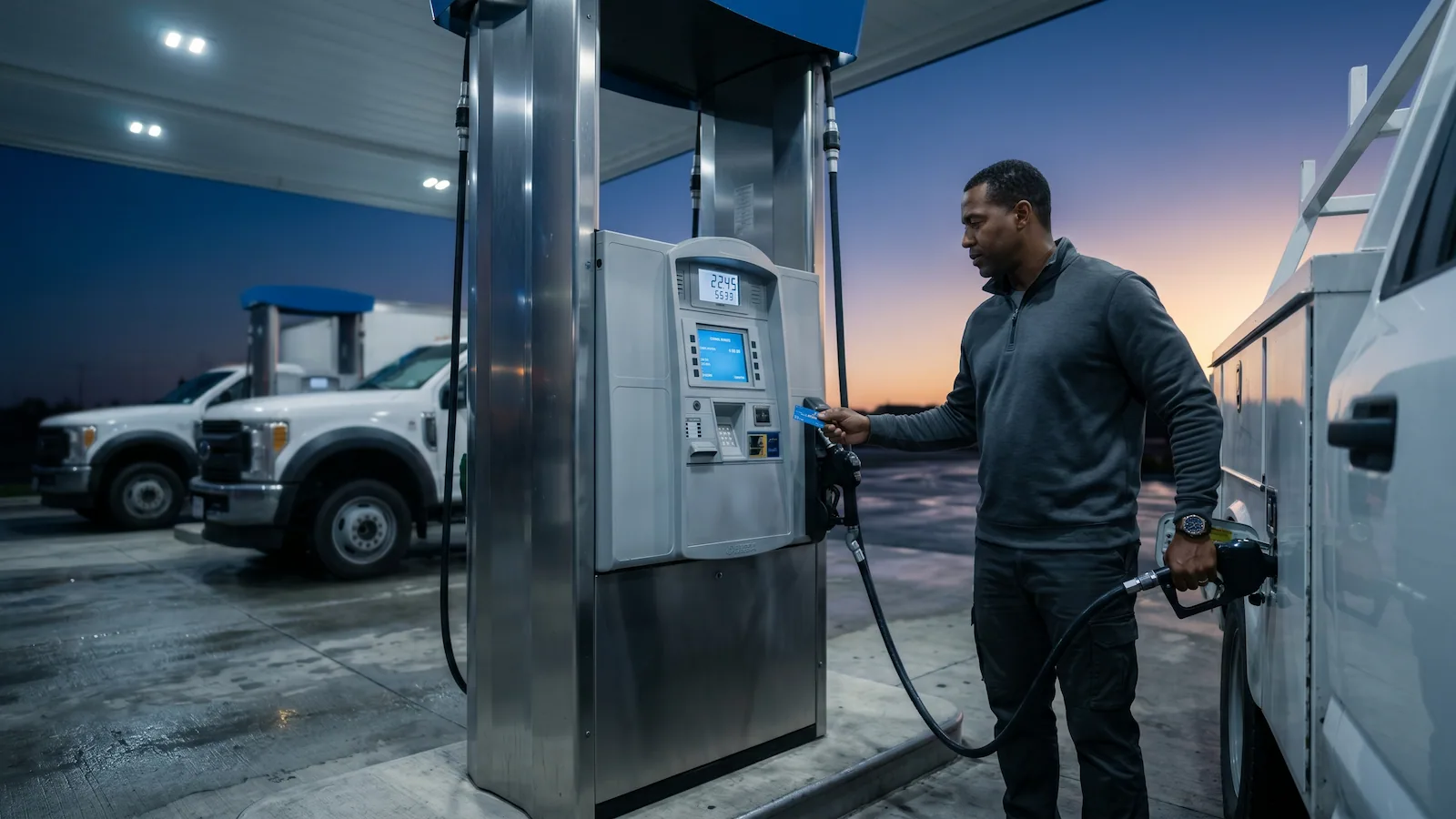 A fleet truck pulled up to a commercial fuel island at dawn, driver mid-transaction, with the rest of a working morning quietly underway