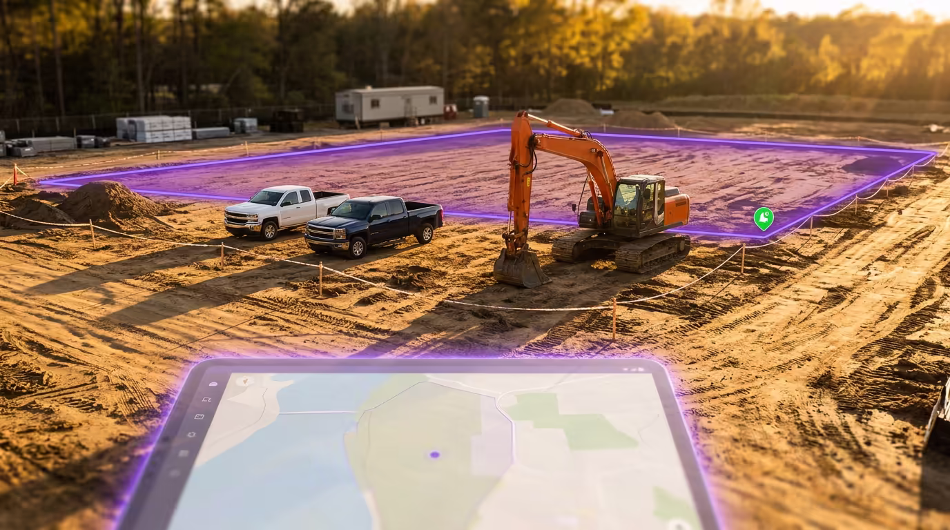 A construction job site at golden hour — an excavator and two pickups parked inside a roped-off lot — overlaid faintly in the foreground by a tablet screen showing a polygon drawn around the same lot with a green entry alert.