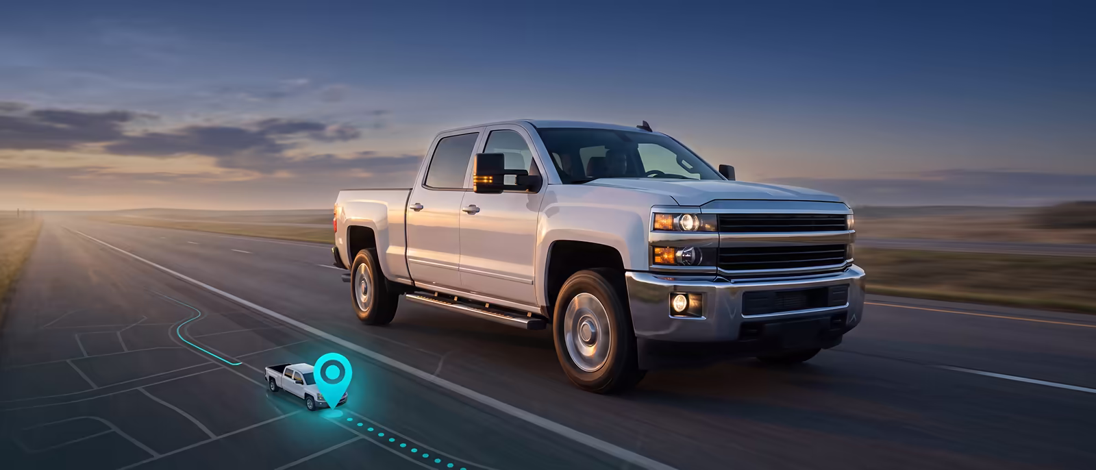 A fleet pickup on a highway at dusk, overlaid faintly by a tablet map showing the same truck as a live location pin with a breadcrumb trail behind it.