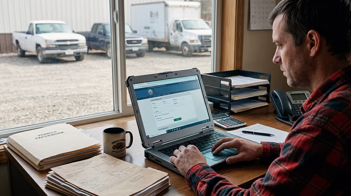 A small-fleet owner-operator at a cluttered yard-office desk, laptop open to a government registration page, two pickups and a box truck visible through the window in the lot behind.