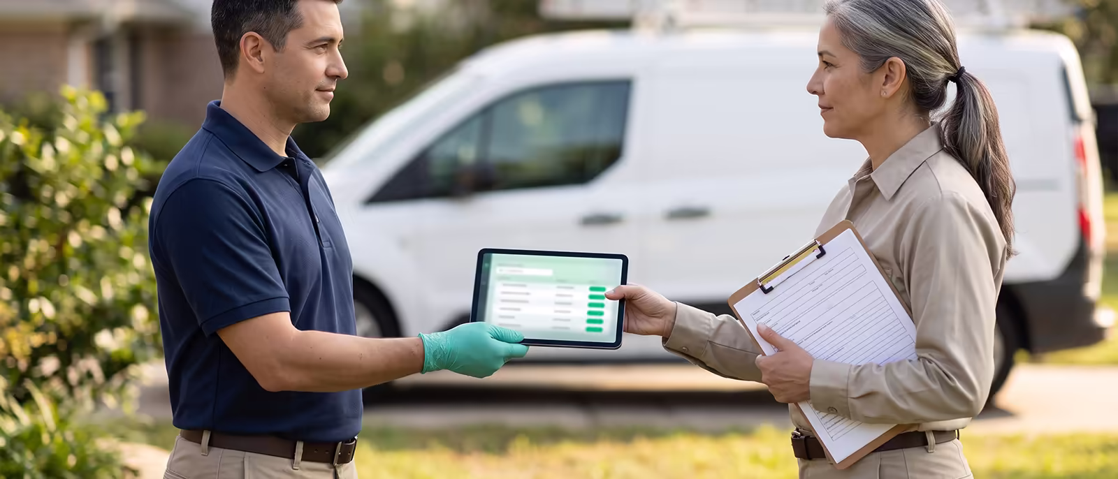 A pest control technician stands beside a marked service van in a sunlit yard, handing a tablet displaying vehicle inspection and license records to a state inspector holding a clipboard.
