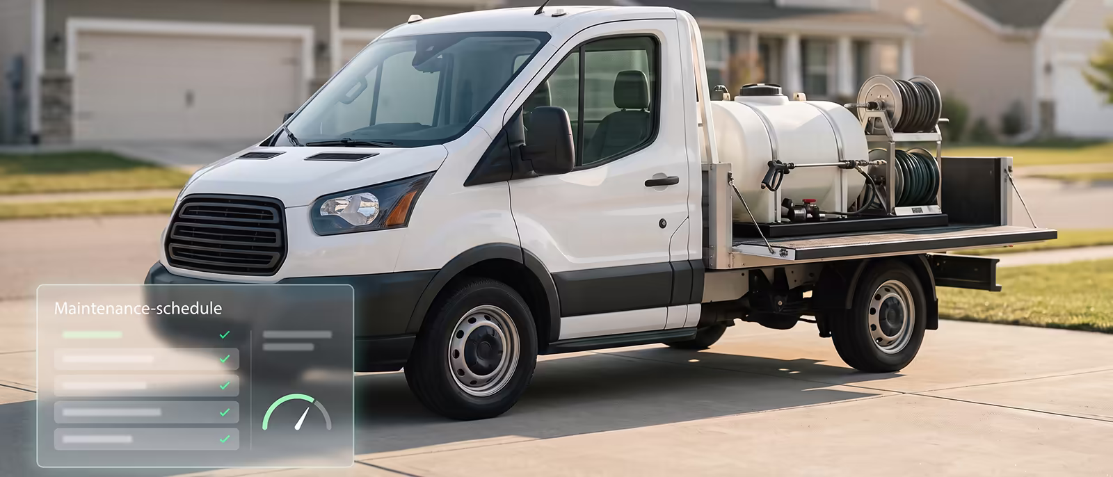 A white pest control service van with a skid sprayer tank mounted in the bed, hose reel and spray wand visible, parked in a sunlit driveway with suburban houses in the background.