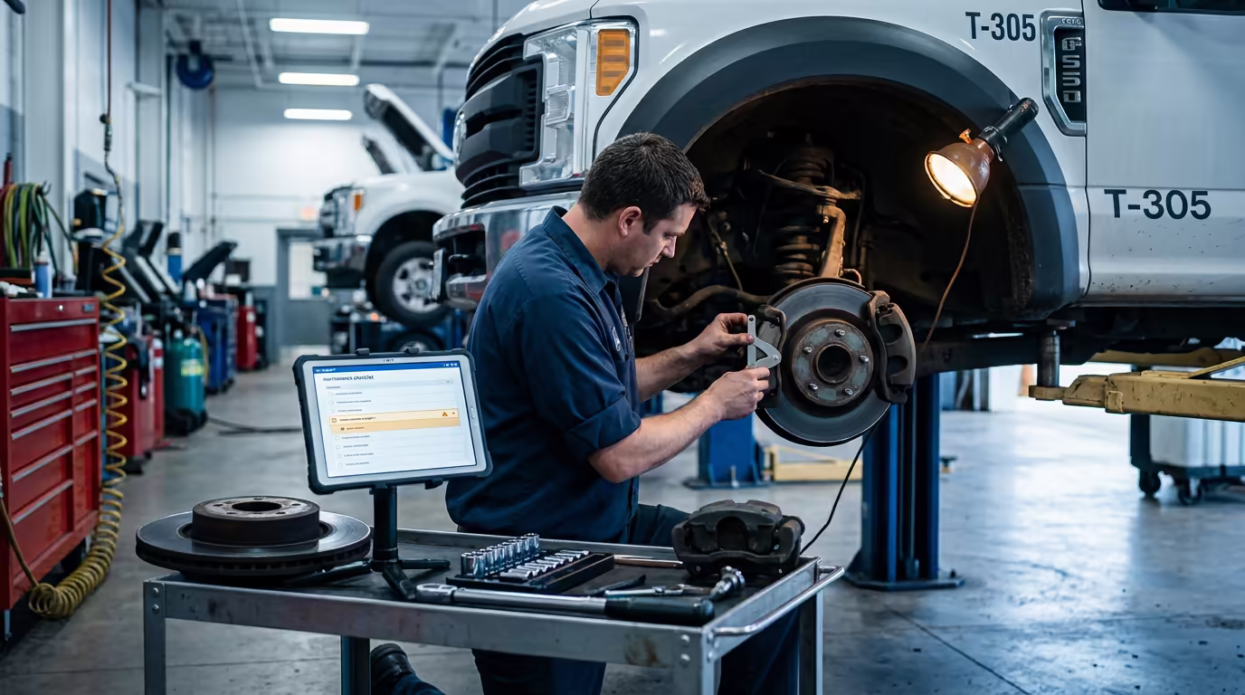 A fleet shop mid-shift with a service truck up on a lift, a tech kneeling at the front wheel measuring brake-lining thickness, a tablet on a rolling cart showing a PM checklist, the unit number stenciled on the door behind him.