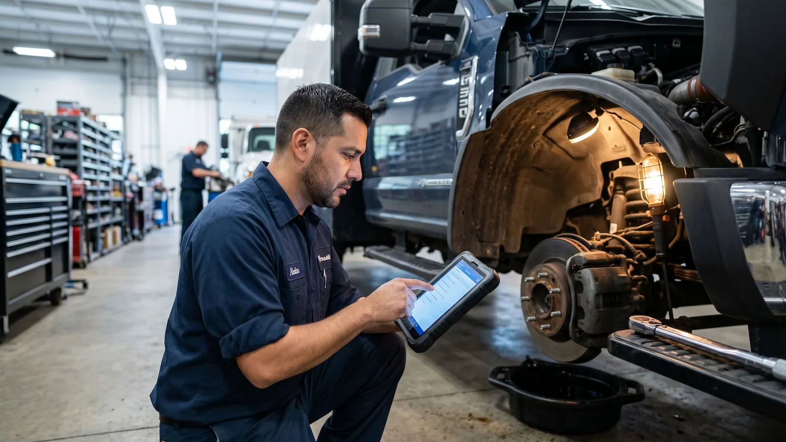 Heavy-duty truck technician kneeling beside an open service bay with a tablet in hand, working through a preventive maintenance checklist under bright shop lights