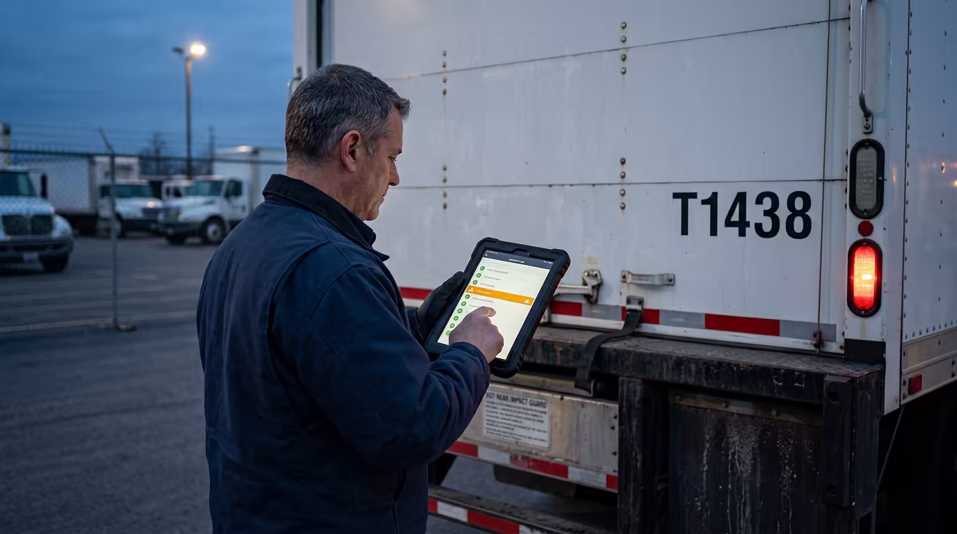 A driver in a service yard at dusk stands at the rear of a box truck with a tablet, tapping out a driver vehicle inspection report, the unit number stenciled on the door and a taillight glowing behind him.
