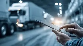 Fleet of vehicles on highway with GPS devices, revolutionizing efficiency via real-time asset tracking in Fleet Service 365 for Microsoft Dynamics 365.