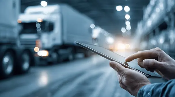 Fleet of vehicles on highway with GPS devices, revolutionizing efficiency via real-time asset tracking in Fleet Service 365 for Microsoft Dynamics 365.