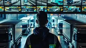 Fleet manager viewing asset tracking dashboard, guide to effective solutions with Fleet Service 365 integrated into Microsoft Dynamics 365.