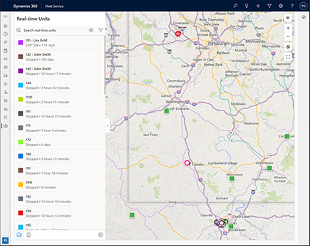 Interactive real-time asset tracking map from Fleet Service 365, an app built on Microsoft Dynamics 365 Power Platform, displaying live locations, routes, and status updates for optimized fleet operations.
